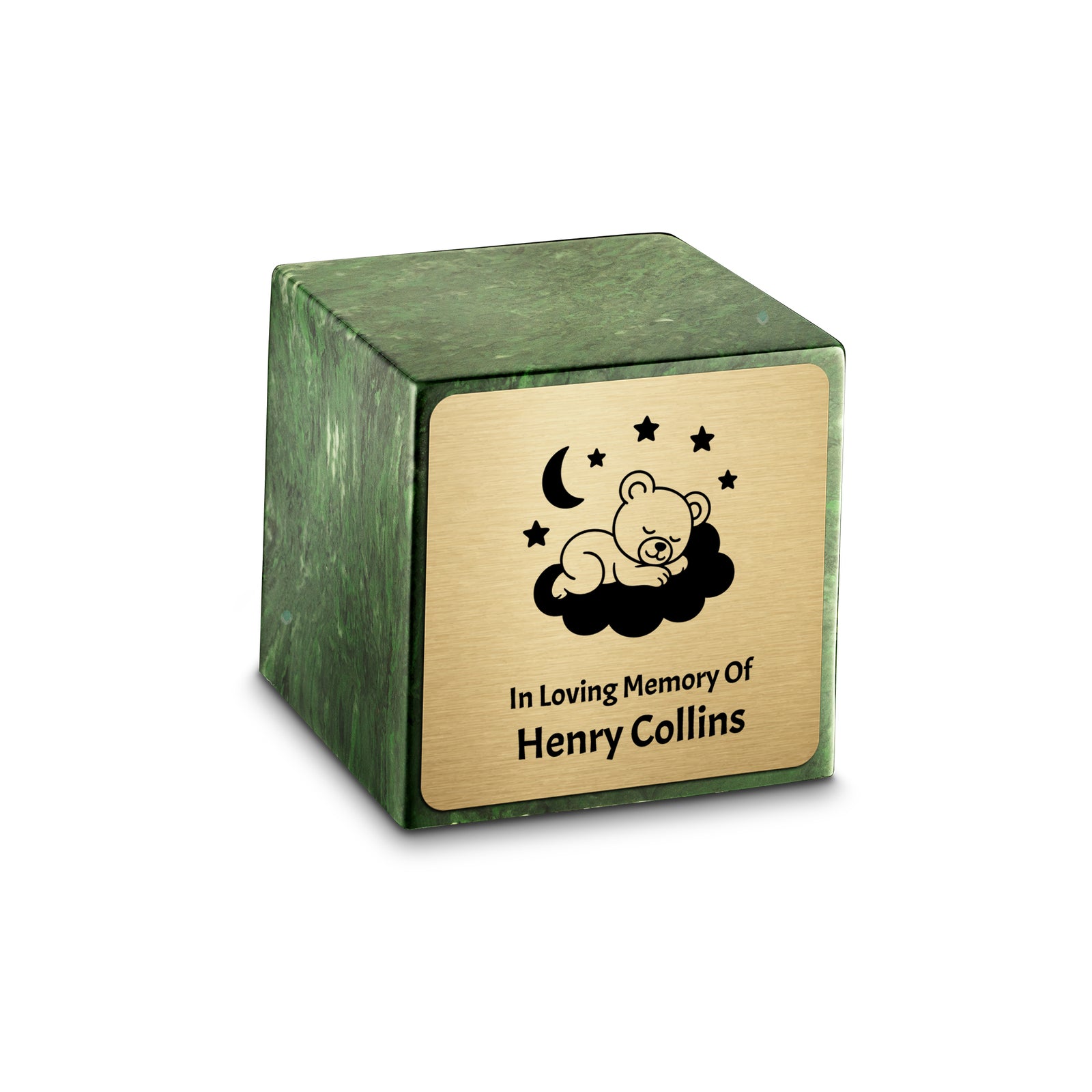 Small Cube Sleeping Teddy Verde Cultured Marble Child Cremation Urn by MacKenzie