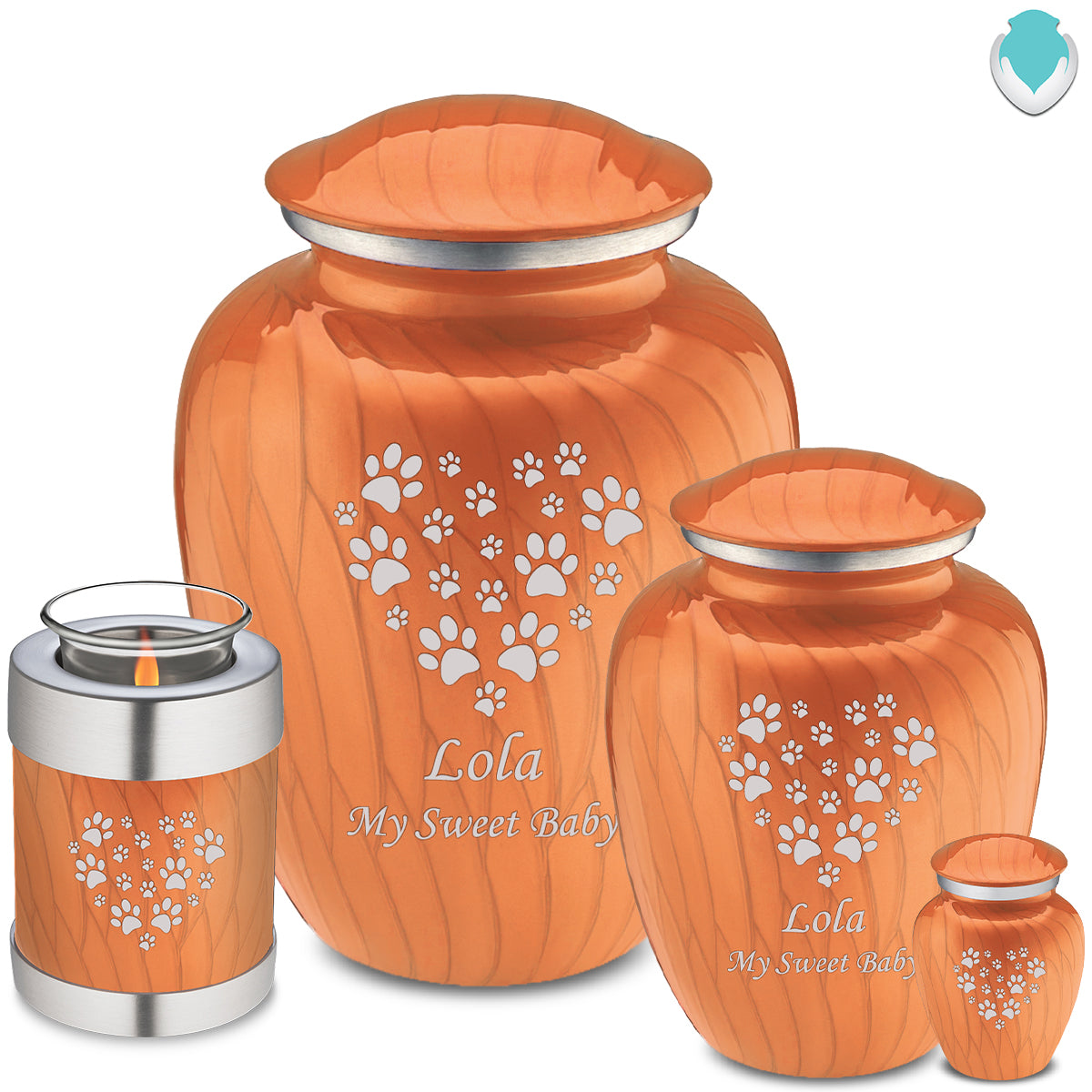Large Embrace Pearl Orange Heart Paws Pet Cremation Urn