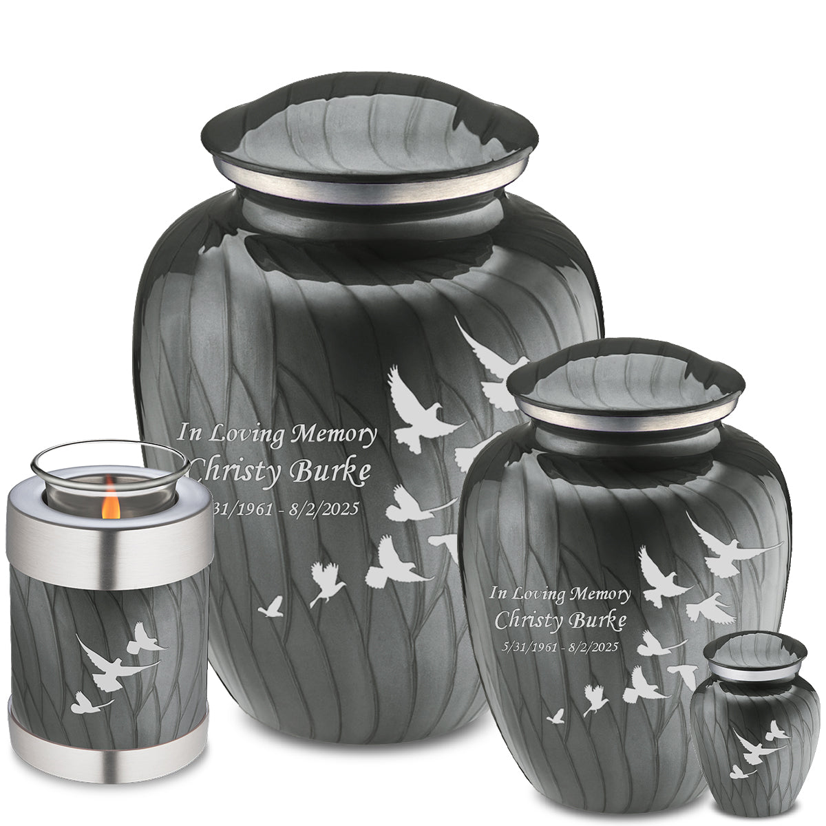 Medium Embrace Pearl Silver Doves Cremation Urn