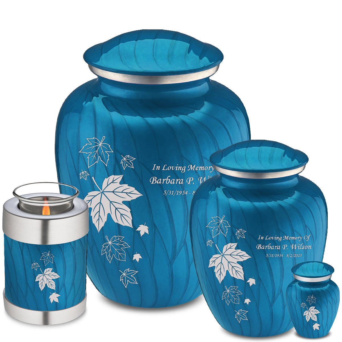 Medium Embrace Pearl Racing Blue Falling Leaves Cremation Urn