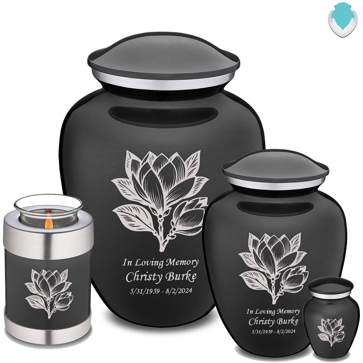 Medium Embrace Charcoal Black Magnolia Flower Cremation Urn