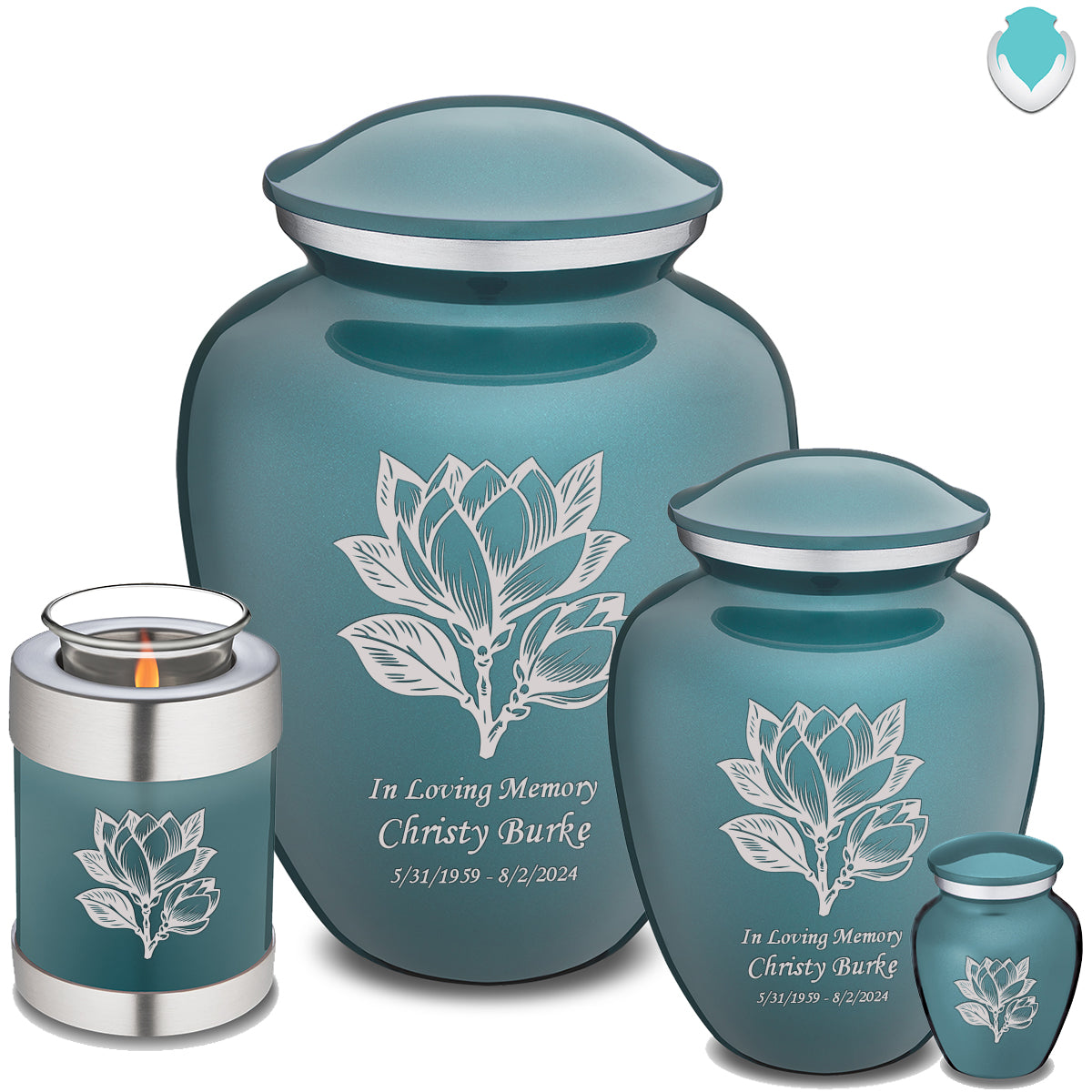 Medium Embrace Teal Magnolia Flower Cremation Urn