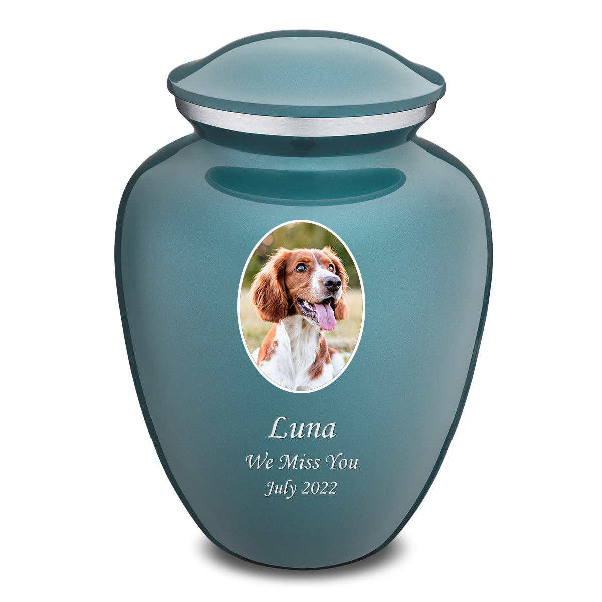 Adult Pet Embrace Teal Portrait Cremation Urn