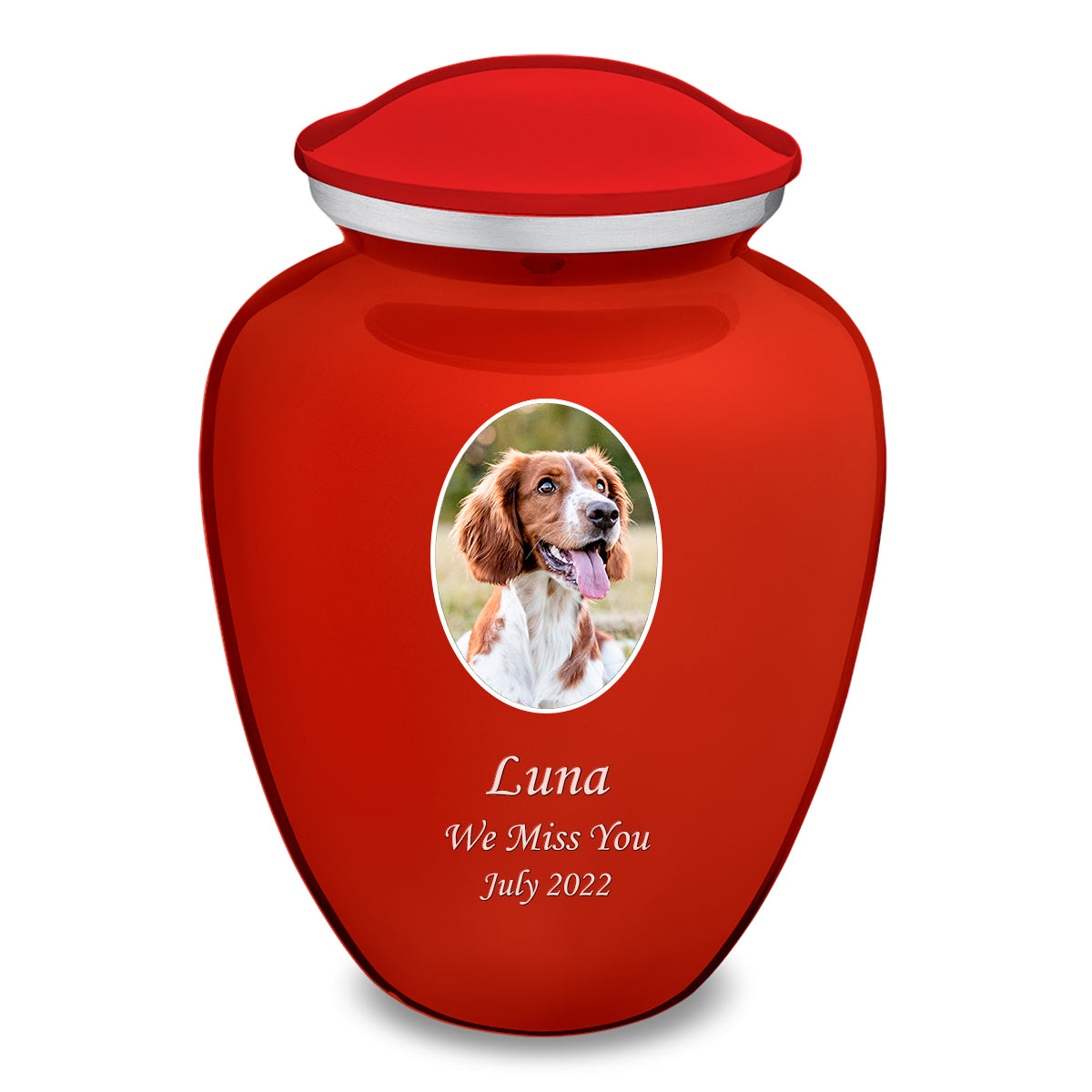 Adult Pet Embrace Bright Red Portrait Cremation Urn
