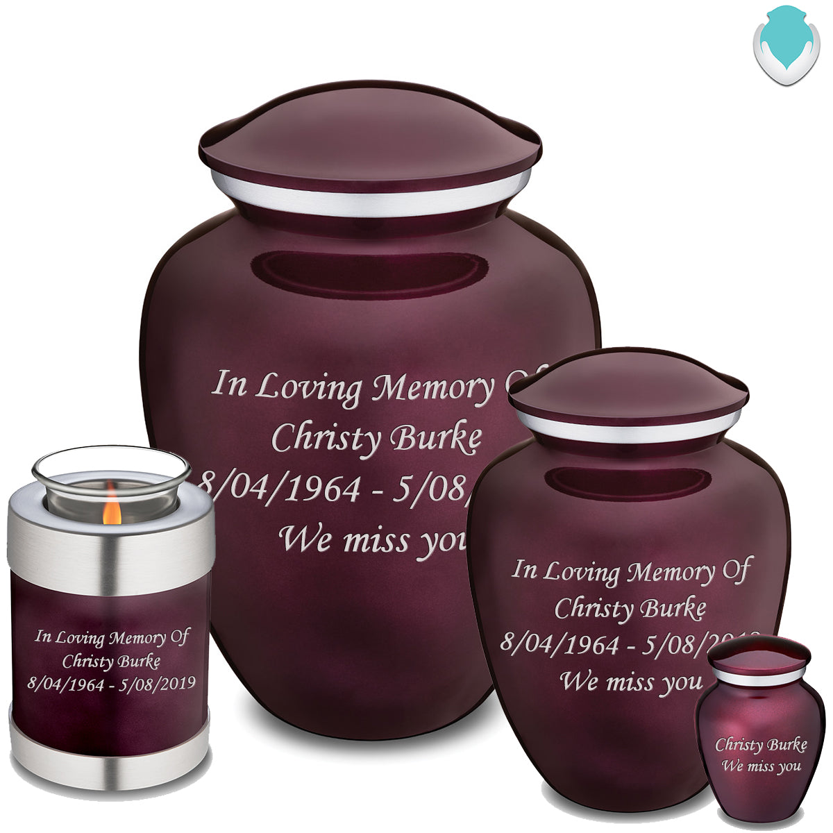Candle Holder Embrace Cherry Purple Custom Engraved Text Cremation Urn