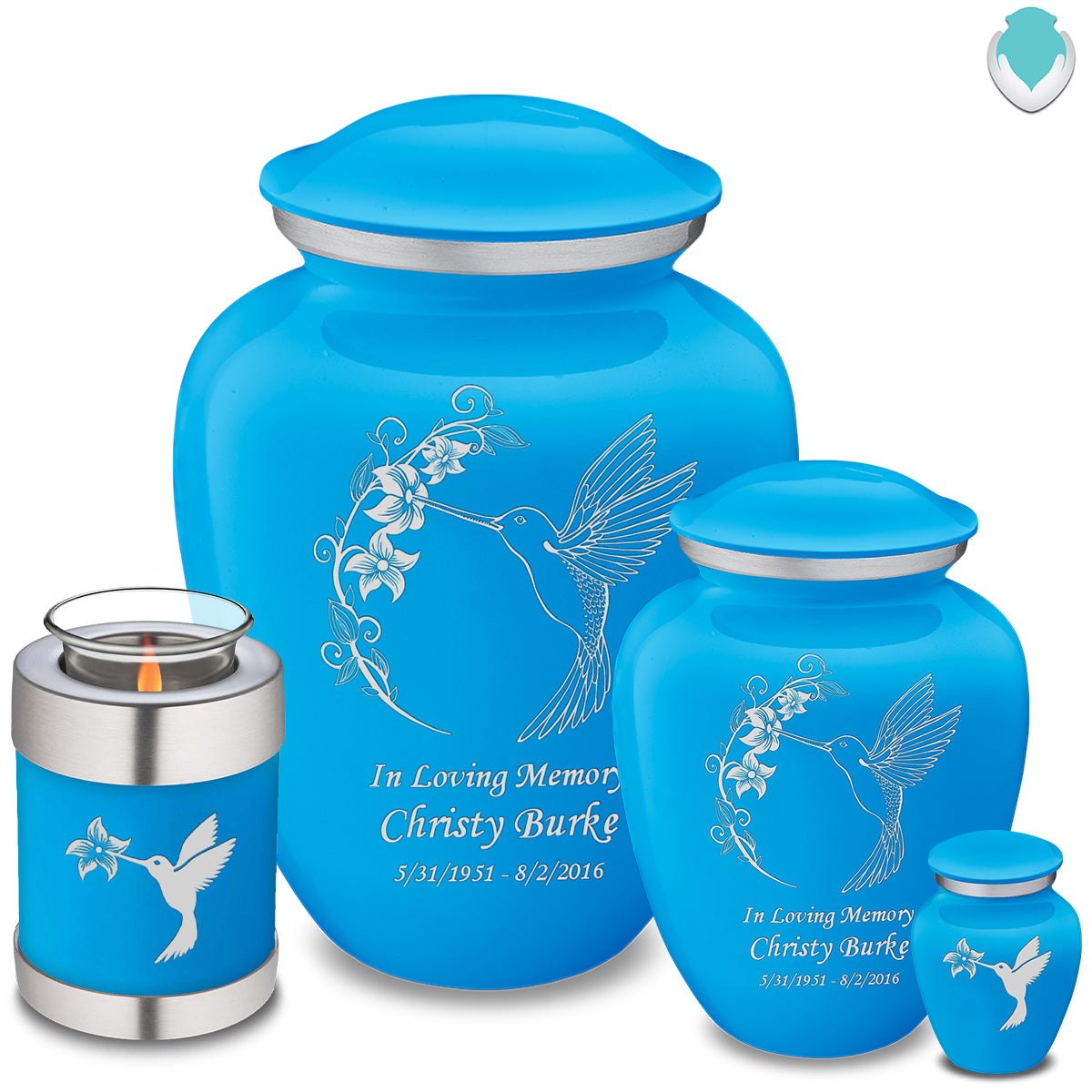 Medium Embrace Racing Blue Hummingbird Cremation Urn