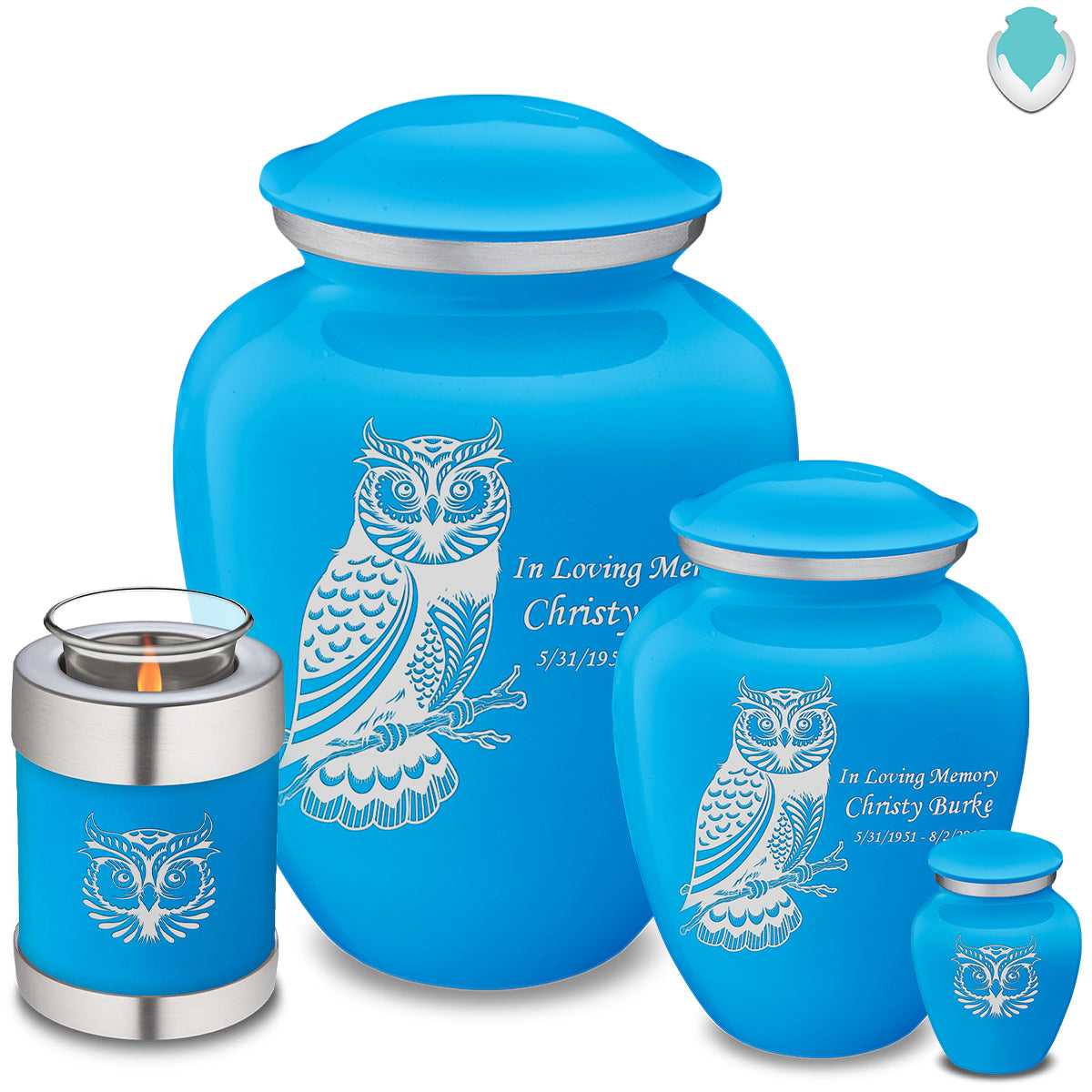 Medium Embrace Racing Blue Owl Cremation Urn