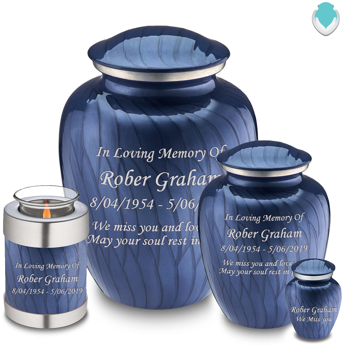 Candle Holder Embrace Pearl Cobalt Blue Custom Engraved Text Cremation Urn