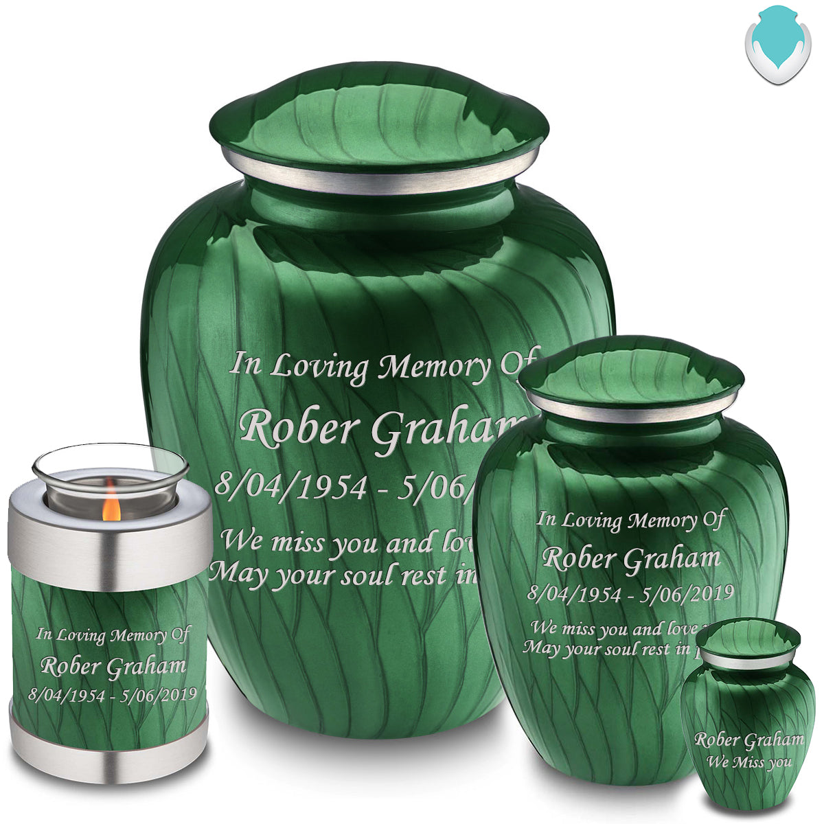Candle Holder Embrace Pearl Green Custom Engraved Text Cremation Urn