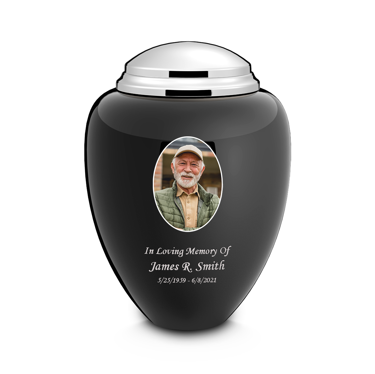 Adult Tribute Black & Shiny Pewter Portrait Cremation Urn