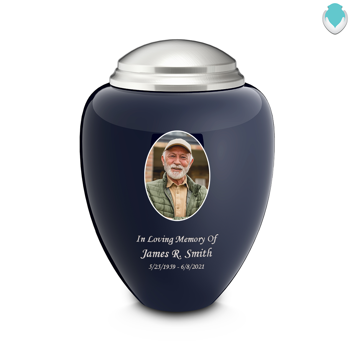 Adult Tribute Navy & Brushed Pewter Portrait Cremation Urn