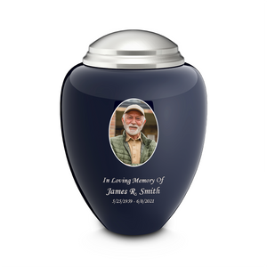 Adult Tribute Navy & Brushed Pewter Portrait Cremation Urn