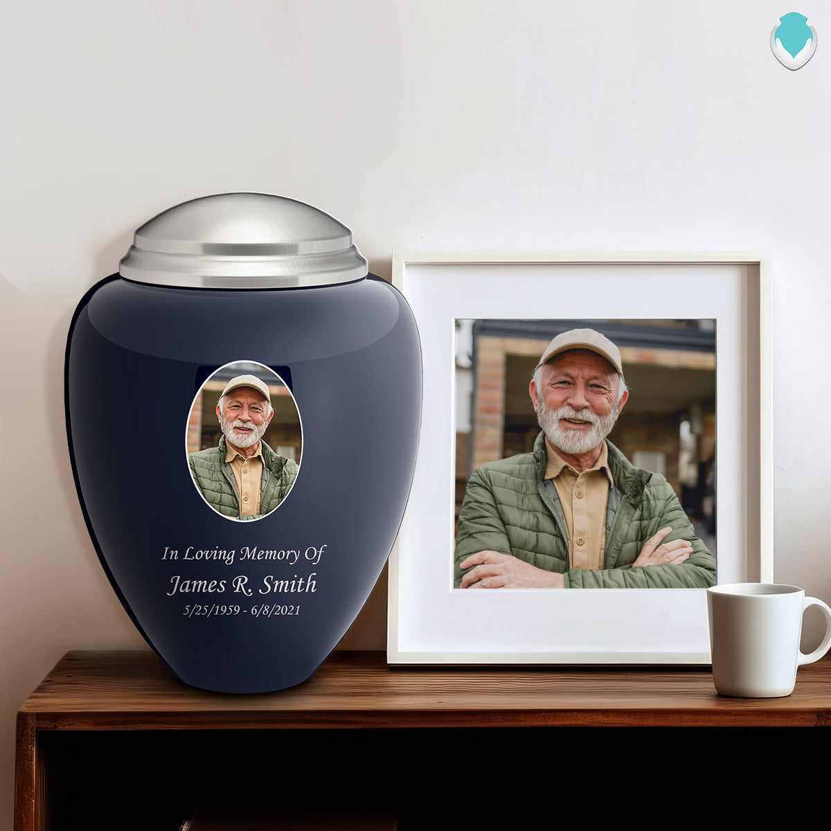 Adult Tribute Navy & Brushed Pewter Portrait Cremation Urn