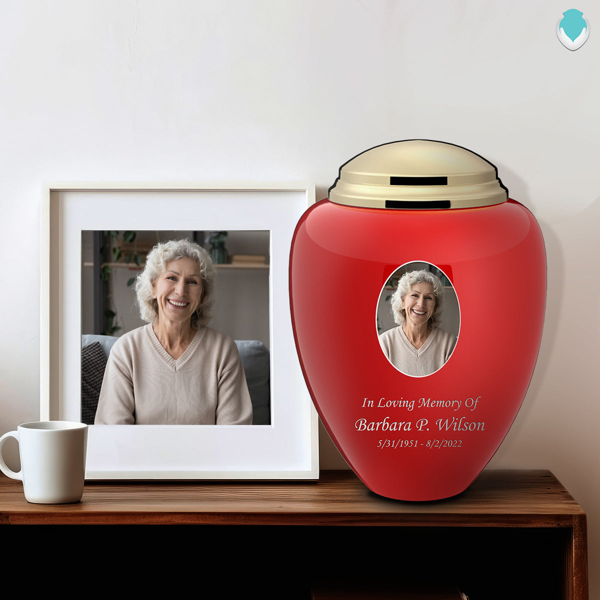 Adult Tribute Red & Shiny Brass Portrait Cremation Urn