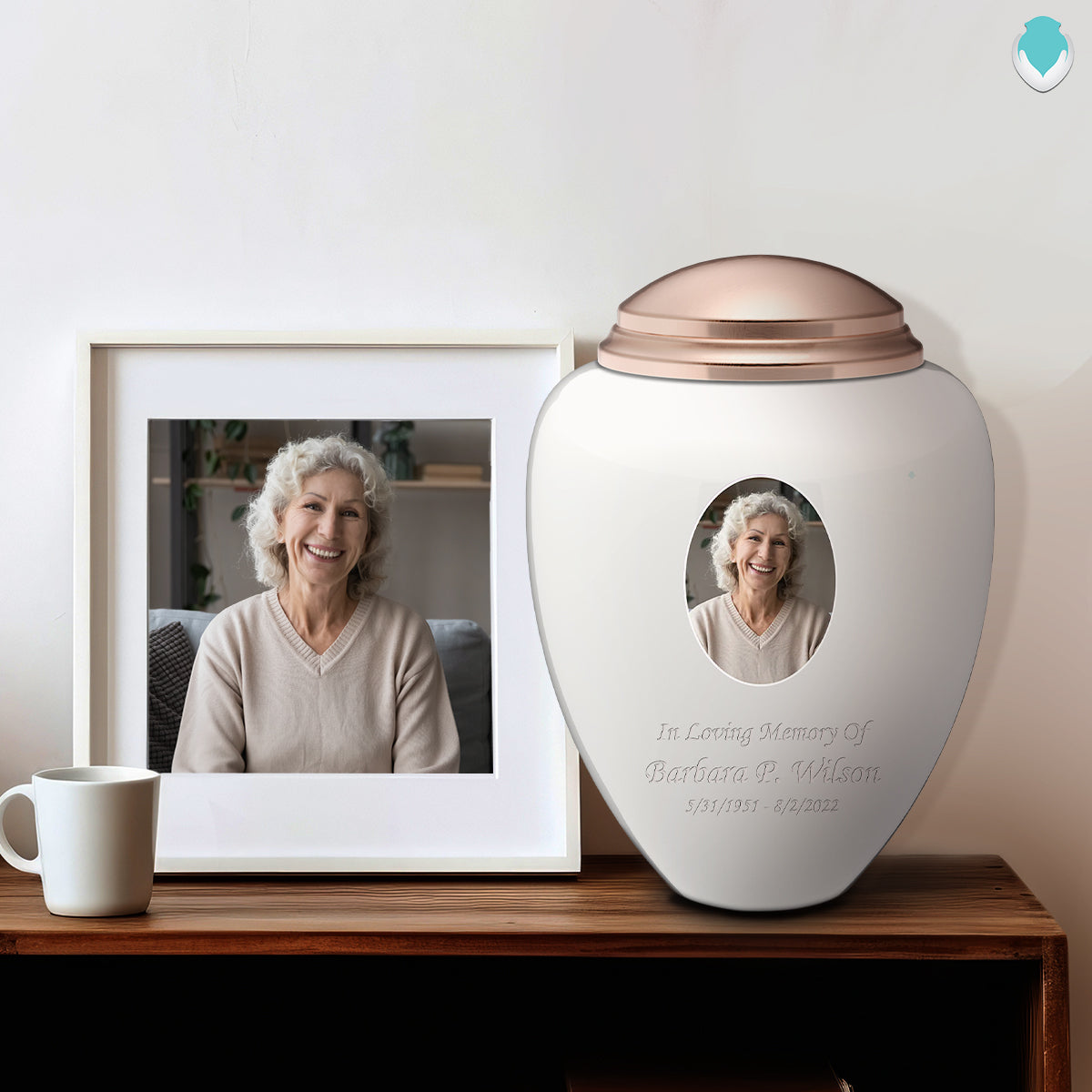 Adult Tribute White & Rose Gold Portrait Cremation Urn