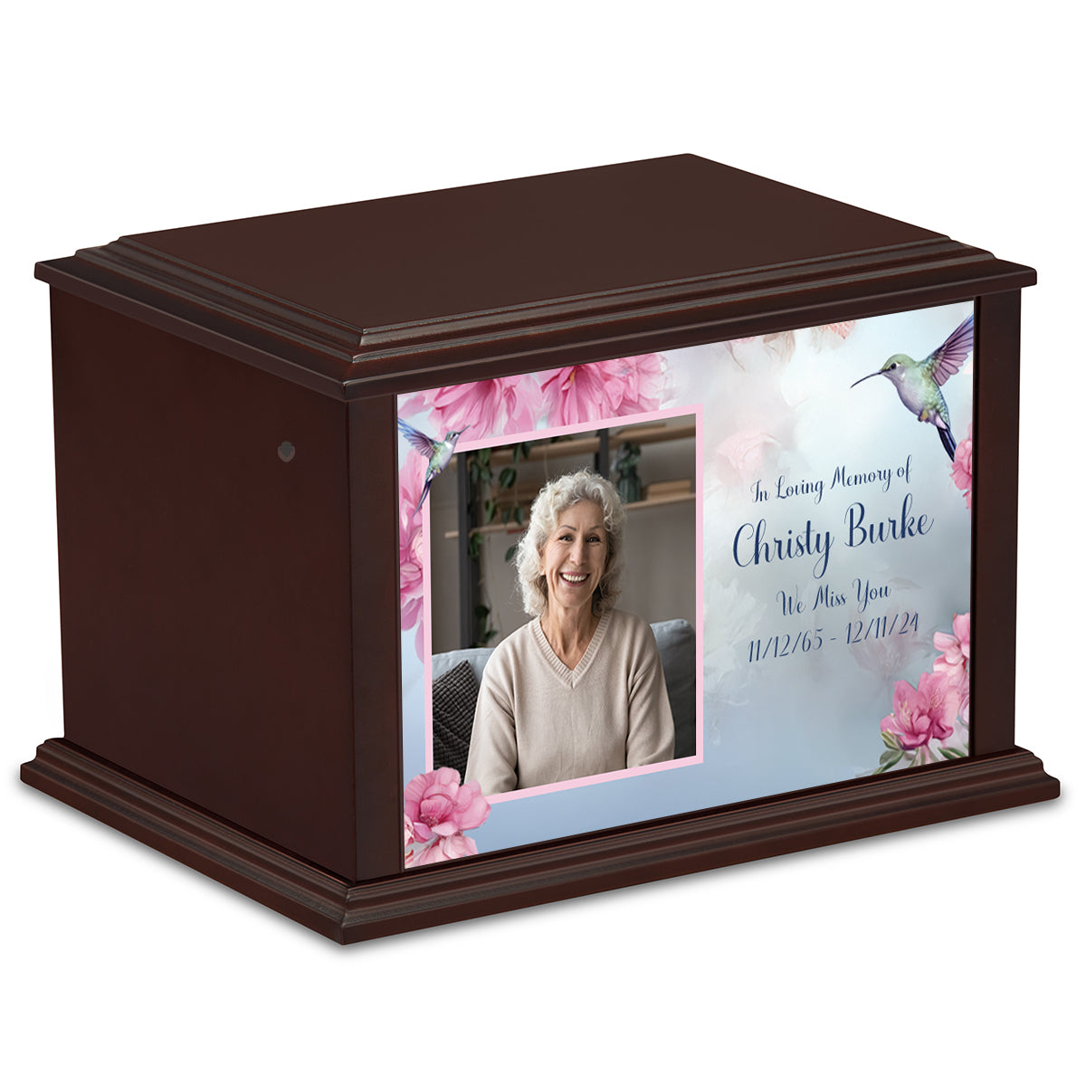 Custom Printed Heritage Everlasting Expressions Photo Hummingbird Wood Cremation Urn