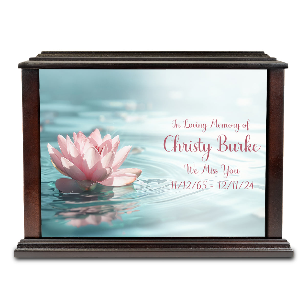 Custom Printed Heritage Everlasting Expressions Lotus Flower Wood Box Cremation Urn