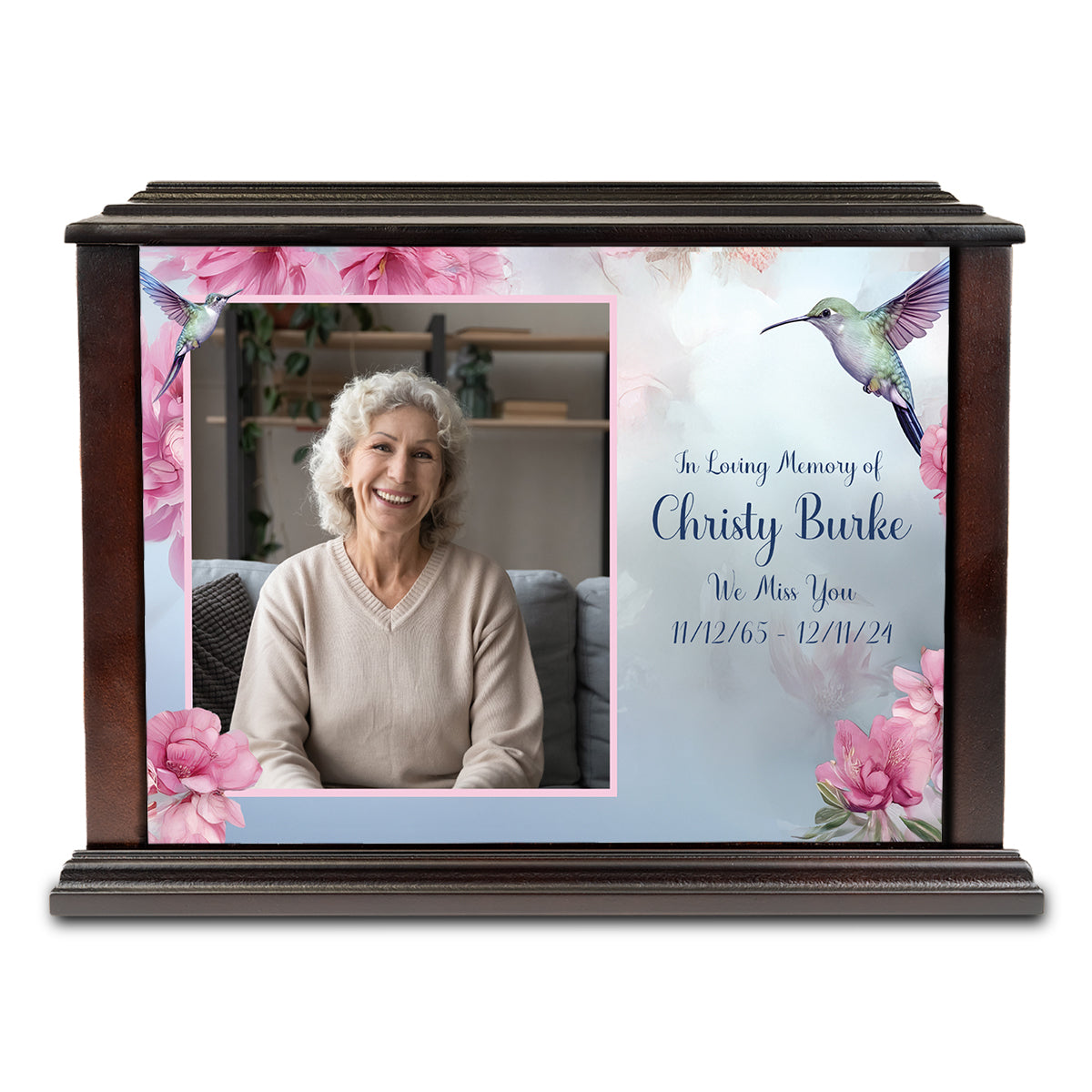 Custom Printed Heritage Everlasting Expressions Photo Hummingbird Wood Cremation Urn