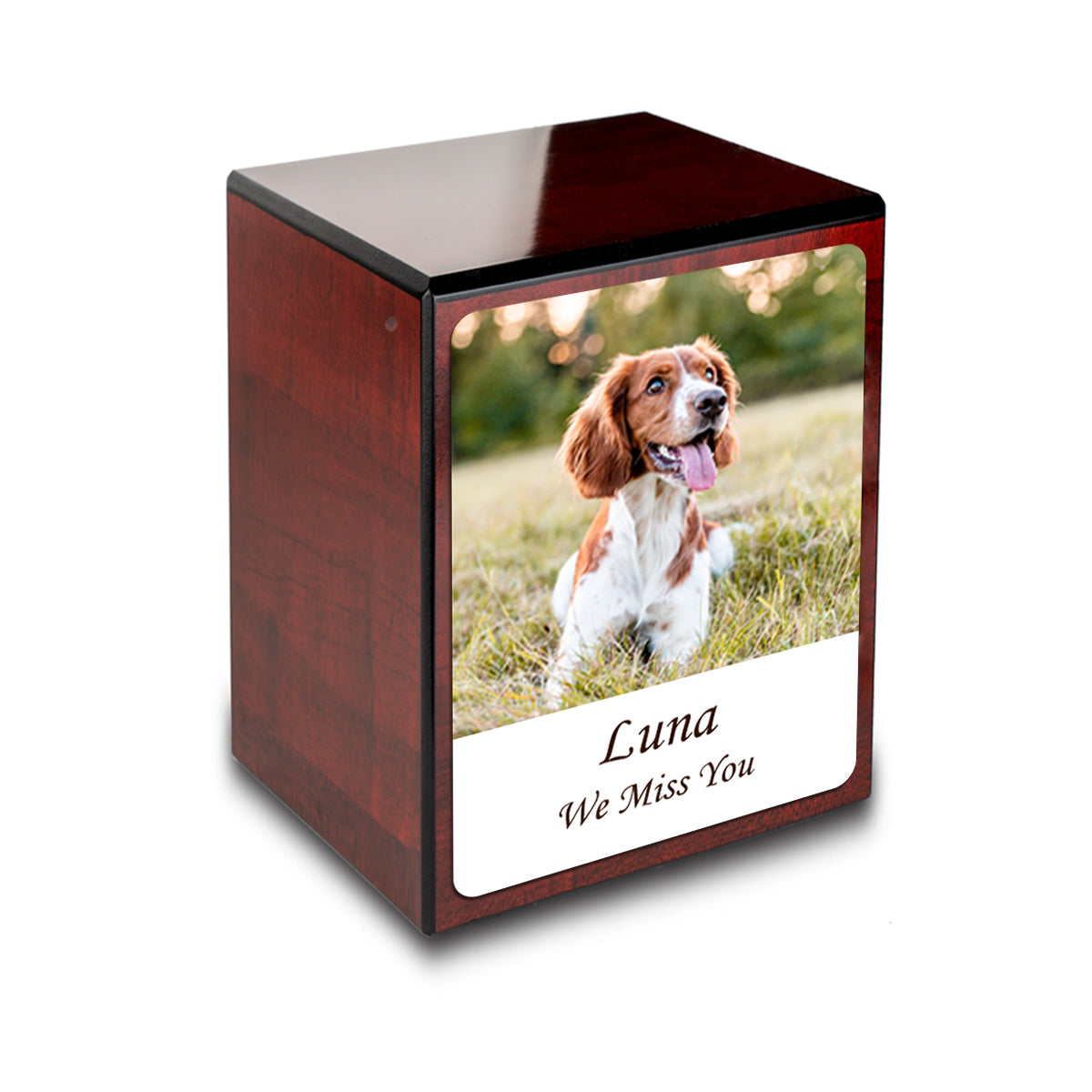 Custom Printed Portrait Small Heritage Cherry Photo Wood Box Pet Cremation Urn for Ashes