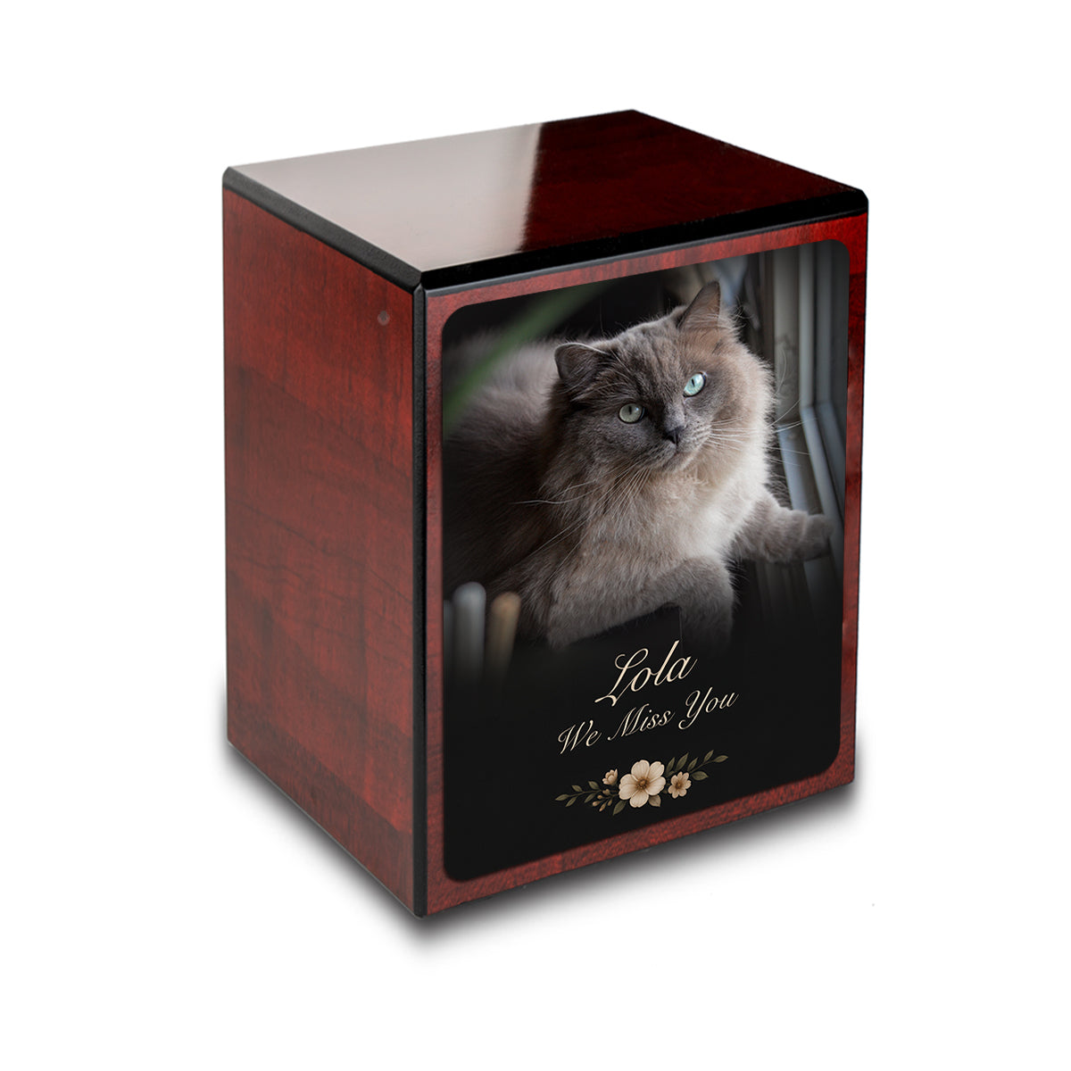 Custom Engraved Heritage Cherry Pet Portrait Photo Small Cremation Urn Memorial Box for Ashes