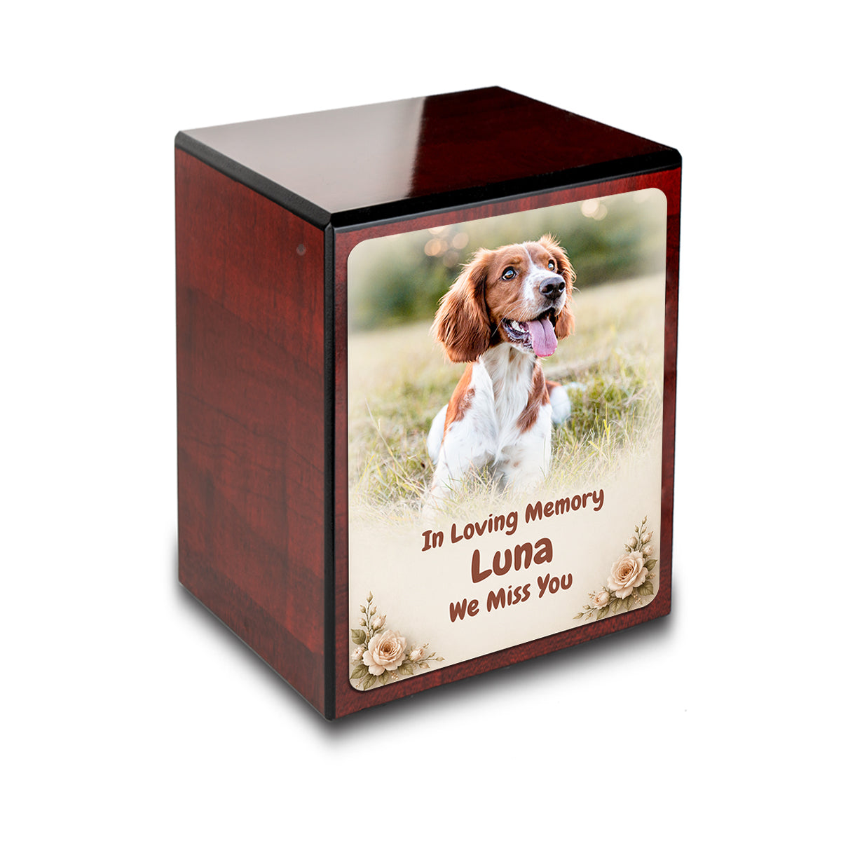 Custom Engraved Heritage Cherry Pet Photo Small Cremation Urn Memorial Box for Ashes