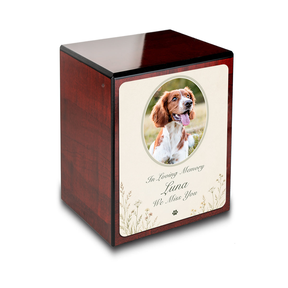 Custom Engraved Heritage Cherry Pet Portrait Tribute Small Cremation Urn Memorial Box for Ashes