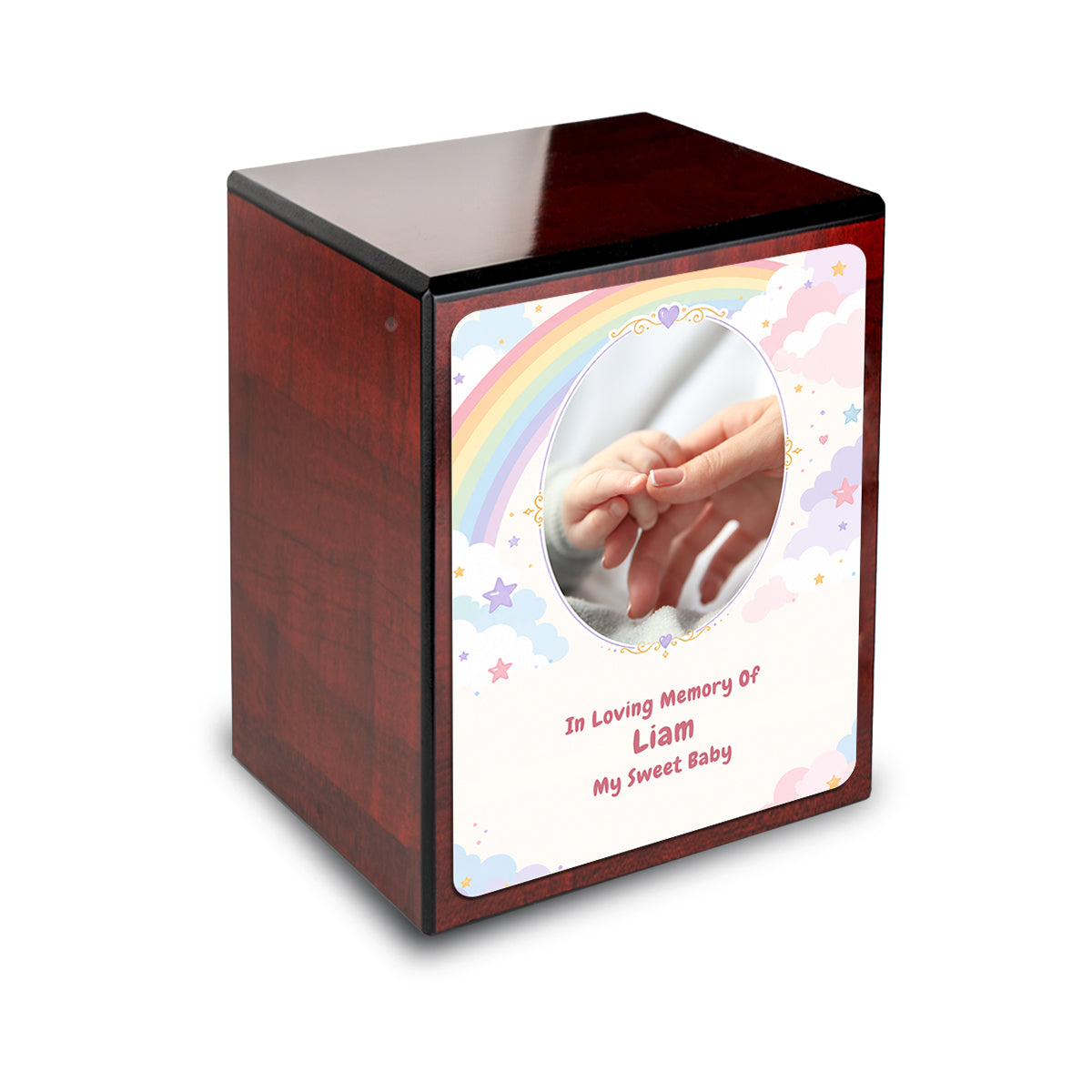 Custom Engraved Heritage Cherry Rainbow and Clouds Small Child Cremation Urn Memorial Box for Ashes