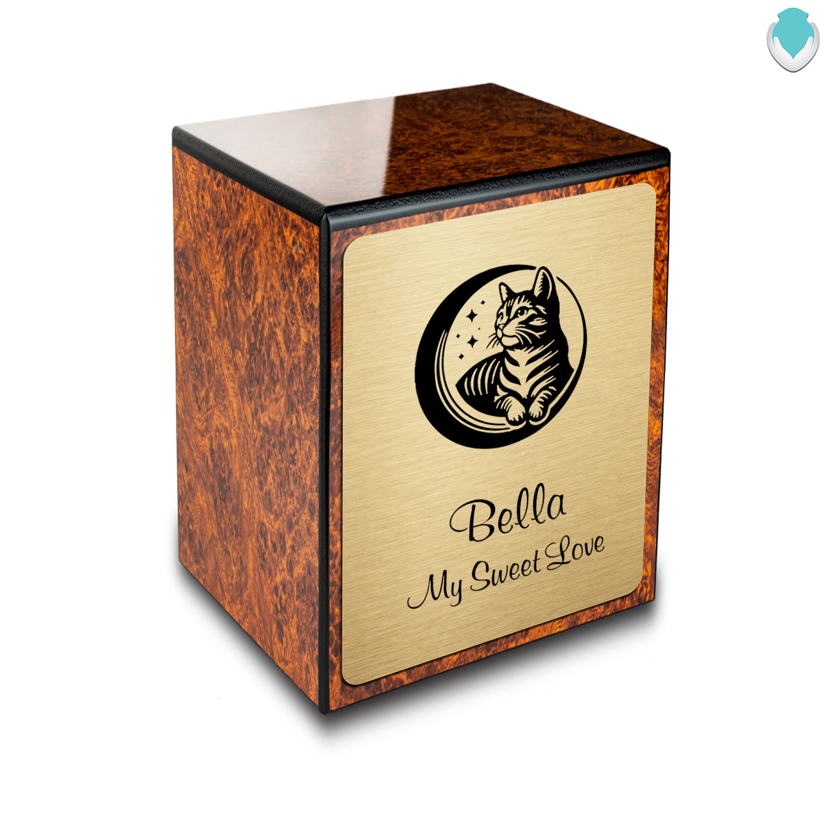 Custom Engraved Heritage Burl Cute Cat Small Pet Cremation Urn Memorial Box for Ashes