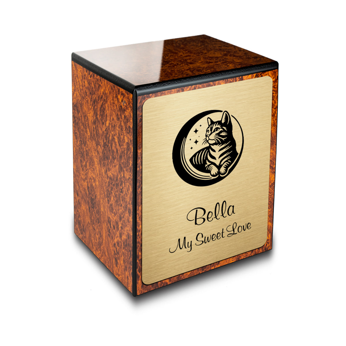 Custom Engraved Heritage Burl Cute Cat Small Pet Cremation Urn Memorial Box for Ashes