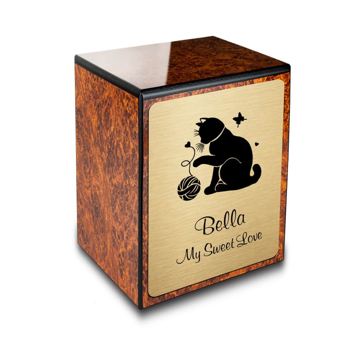 Custom Engraved Heritage Burl Fun Cat Small Pet Cremation Urn Memorial Box for Ashes