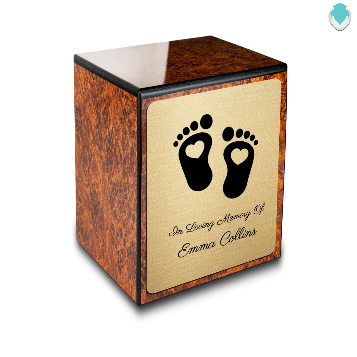 Custom Engraved Heritage Baby Heart Feet Burl Small Cremation Urn Memorial Box for Ashes