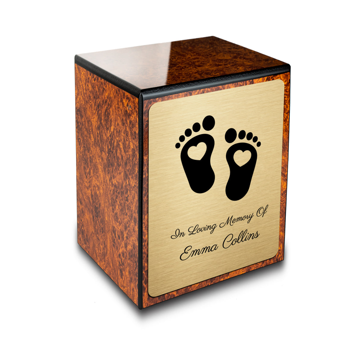 Custom Engraved Heritage Baby Heart Feet Burl Small Cremation Urn Memorial Box for Ashes