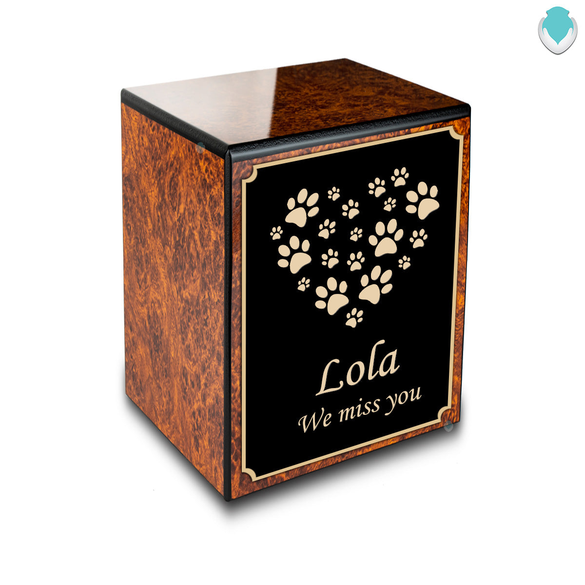 Custom Engraved Heritage Burl Heart Paws Small Pet Cremation Urn Memorial Box for Ashes