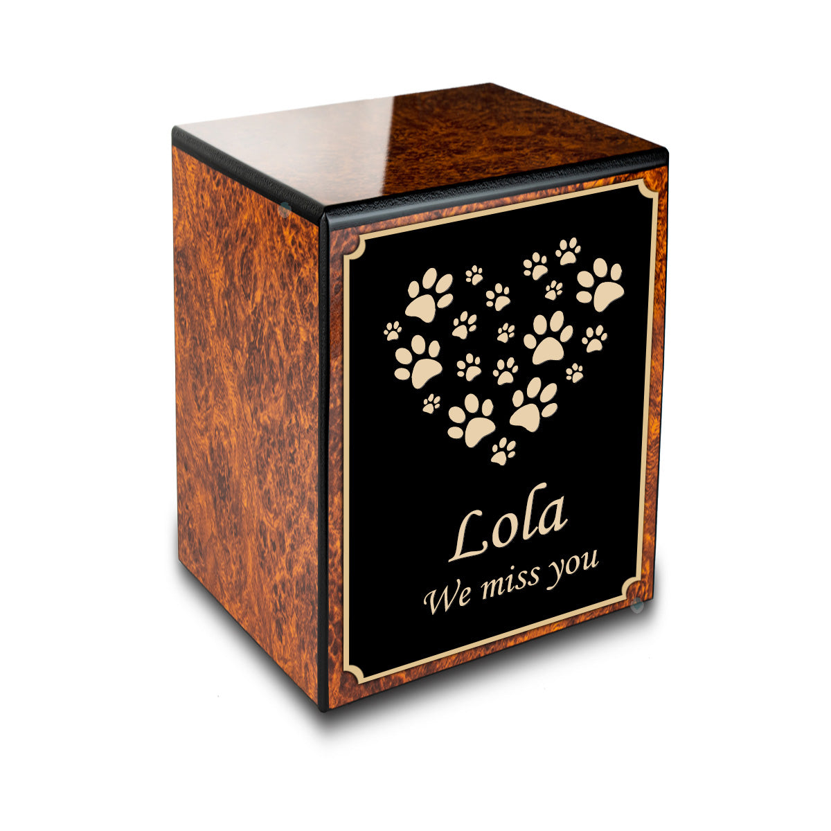 Custom Engraved Heritage Burl Heart Paws Small Pet Cremation Urn Memorial Box for Ashes