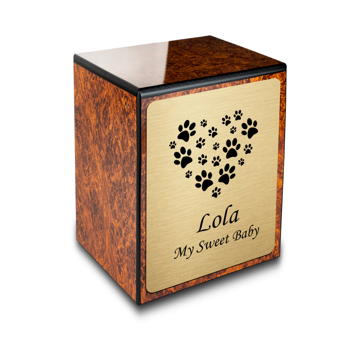 Custom Engraved Heritage Burl Heart Paws Small Pet Cremation Urn Memorial Box for Ashes