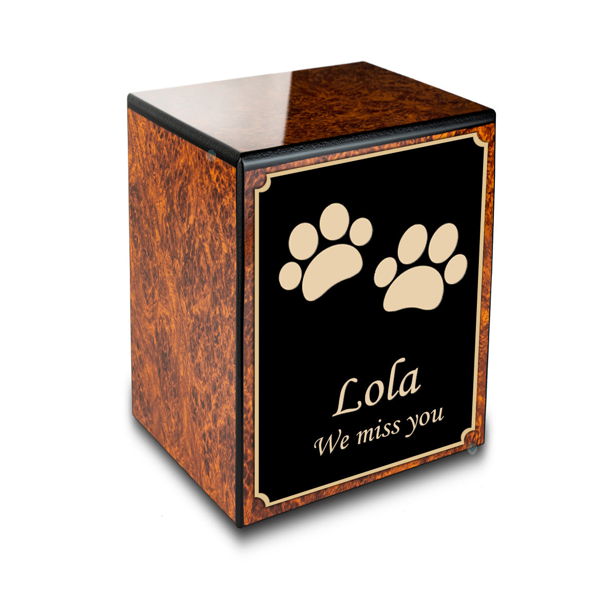 Custom Engraved Heritage Burl Walking Paws Small Pet Cremation Urn Memorial Box for Ashes