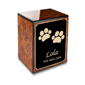 Custom Engraved Heritage Burl Walking Paws Small Pet Cremation Urn Memorial Box for Ashes
