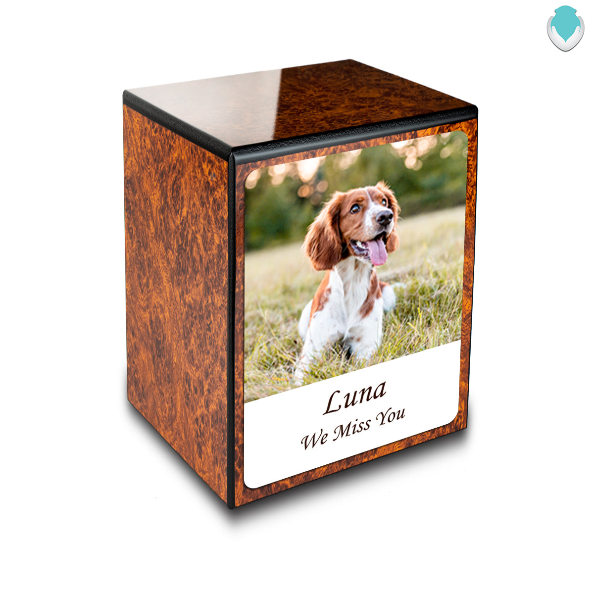Custom Printed Portrait Small Heritage Burl Photo Wood Box Pet Cremation Urn for Ashes