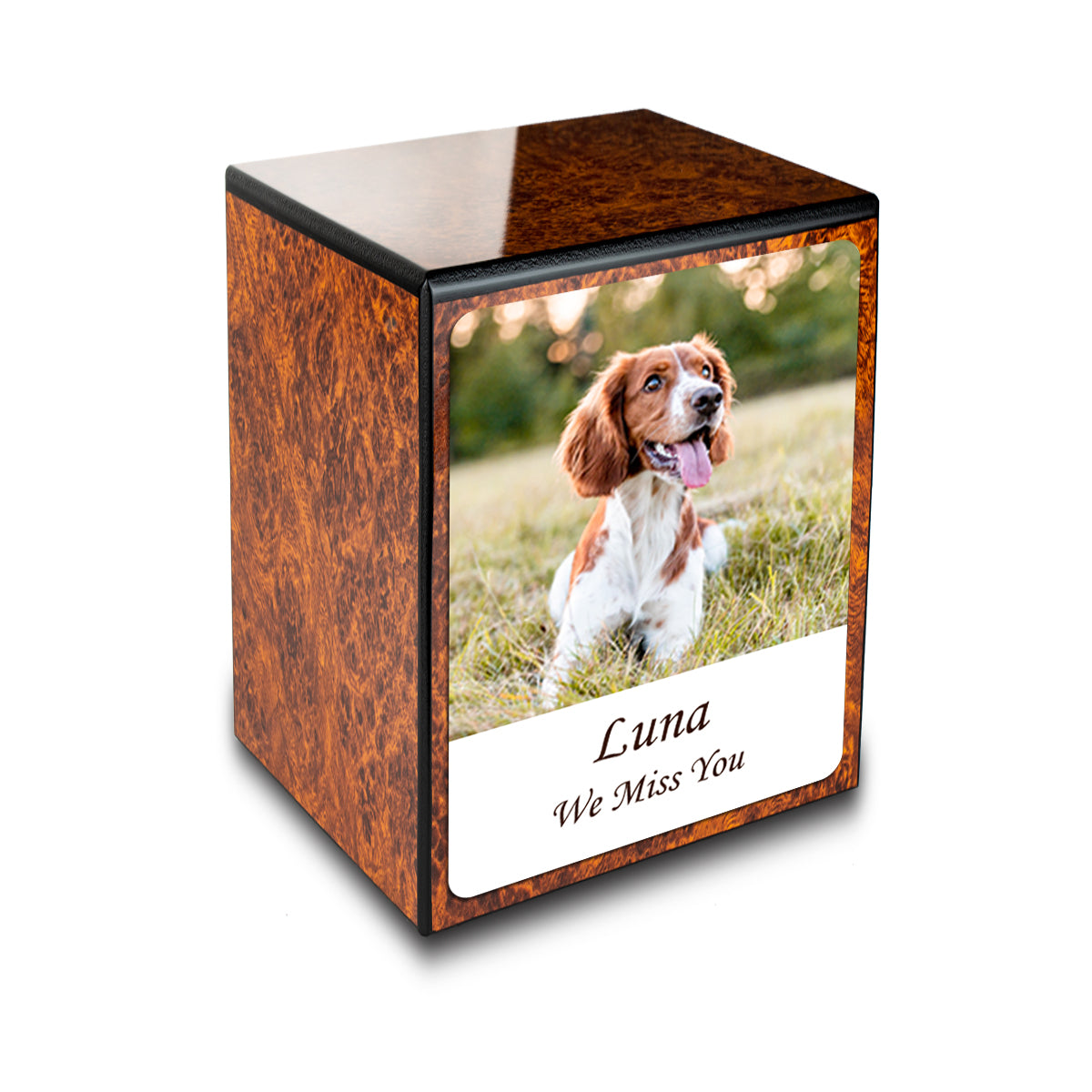 Custom Printed Portrait Small Heritage Burl Photo Wood Box Pet Cremation Urn for Ashes