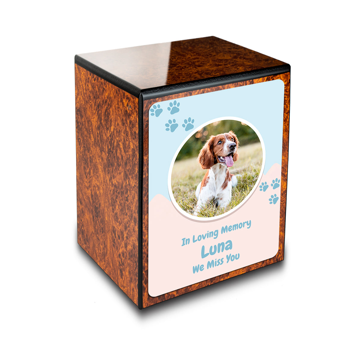 Custom Engraved Heritage Burl Paw Pet Portrait Small Cremation Urn Memorial Box for Ashes