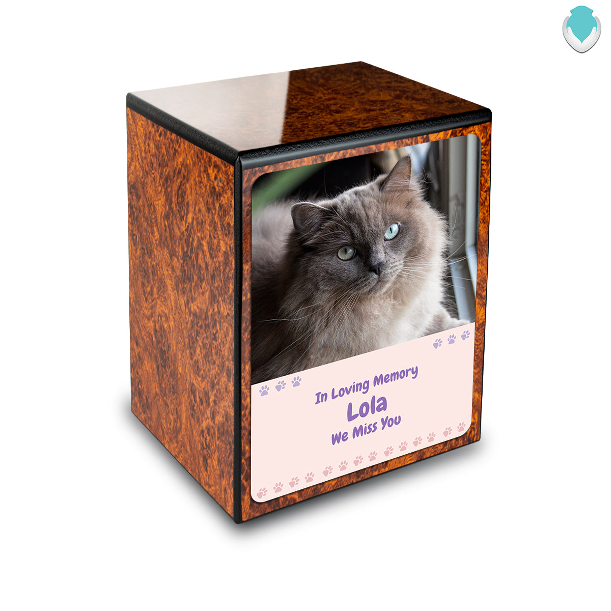 Custom Engraved Heritage Burl Paw Cat Portrait Small Cremation Urn Memorial Box for Ashes