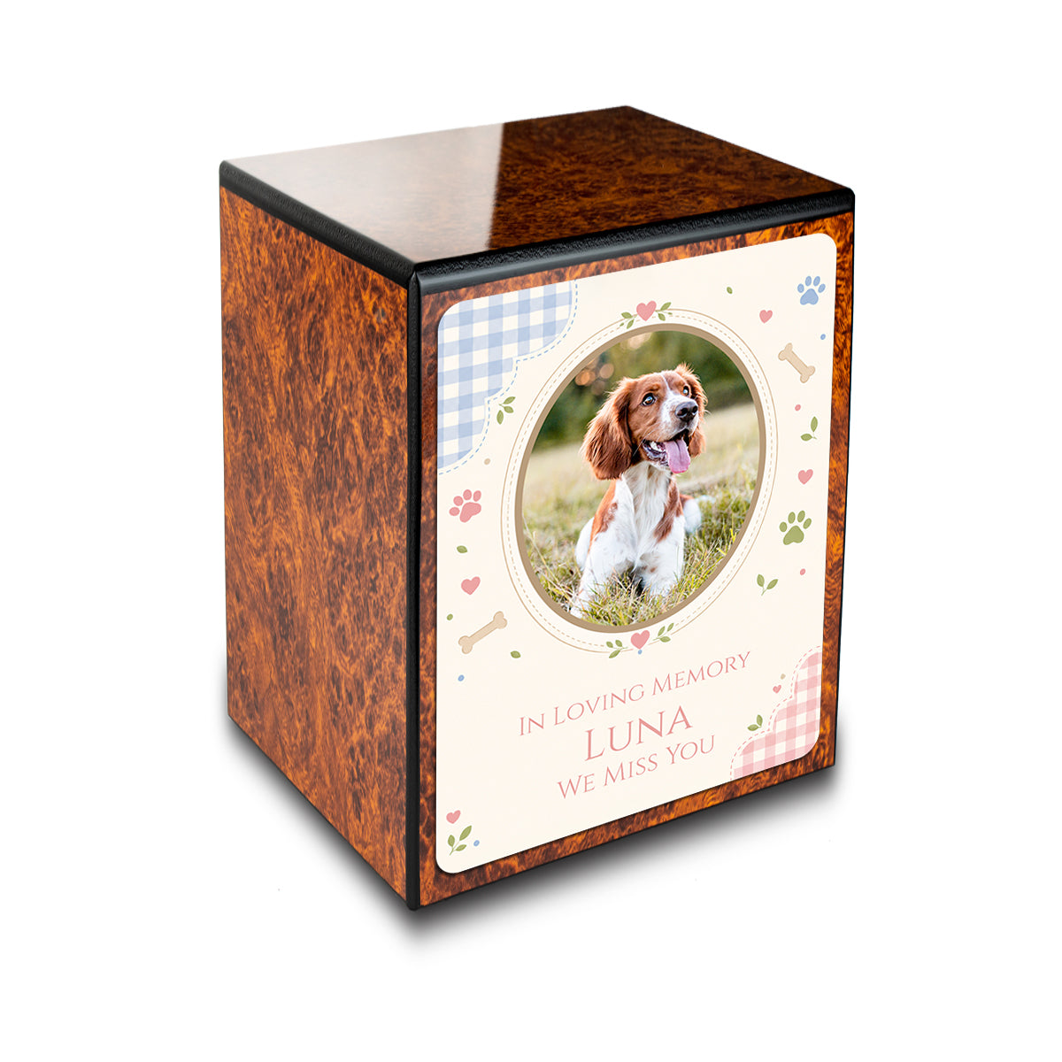 Custom Engraved Heritage Burl Pet Memorial Small Cremation Urn Memorial Box for Ashes