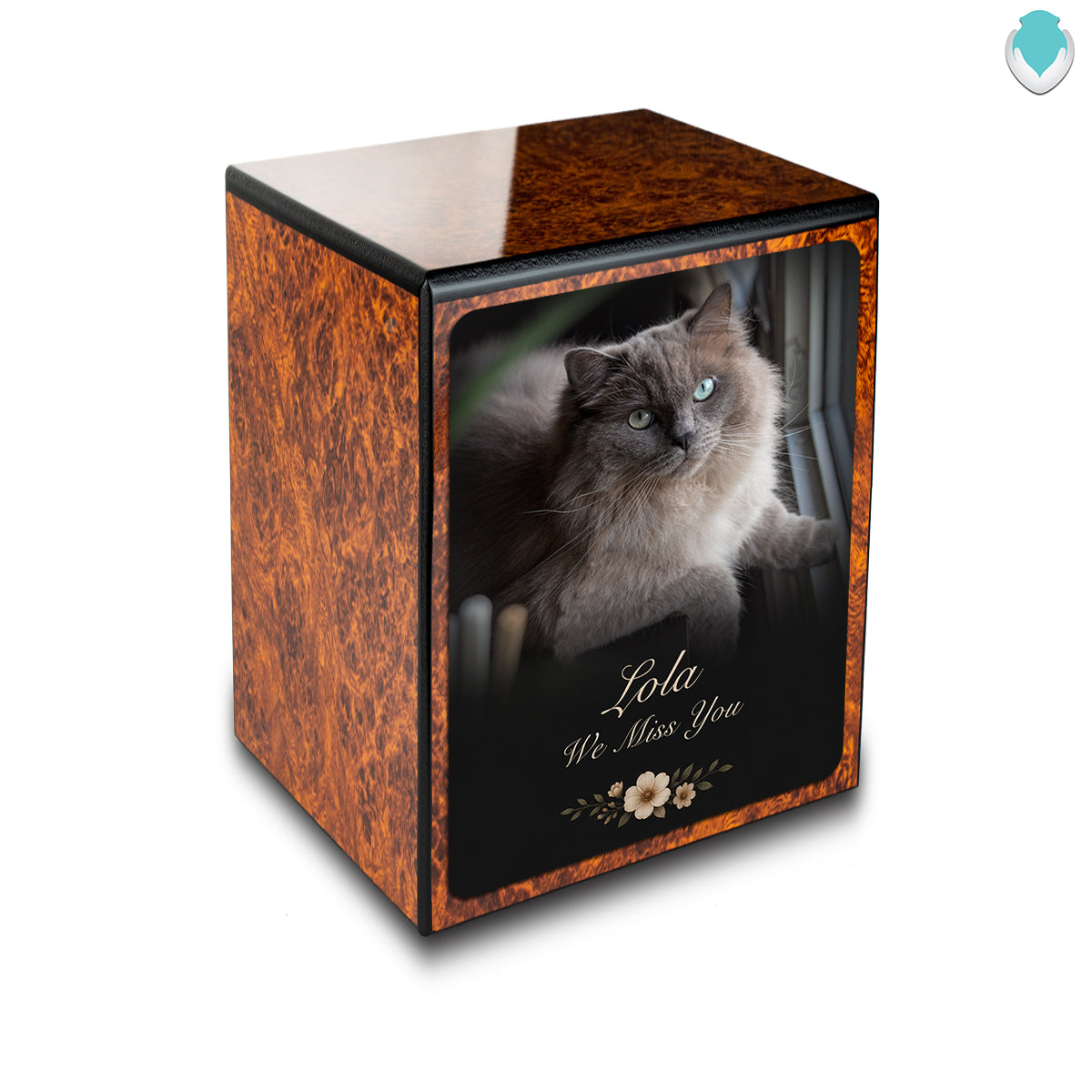 Custom Engraved Heritage Burl Pet Portrait Photo Small Cremation Urn Memorial Box for Ashes