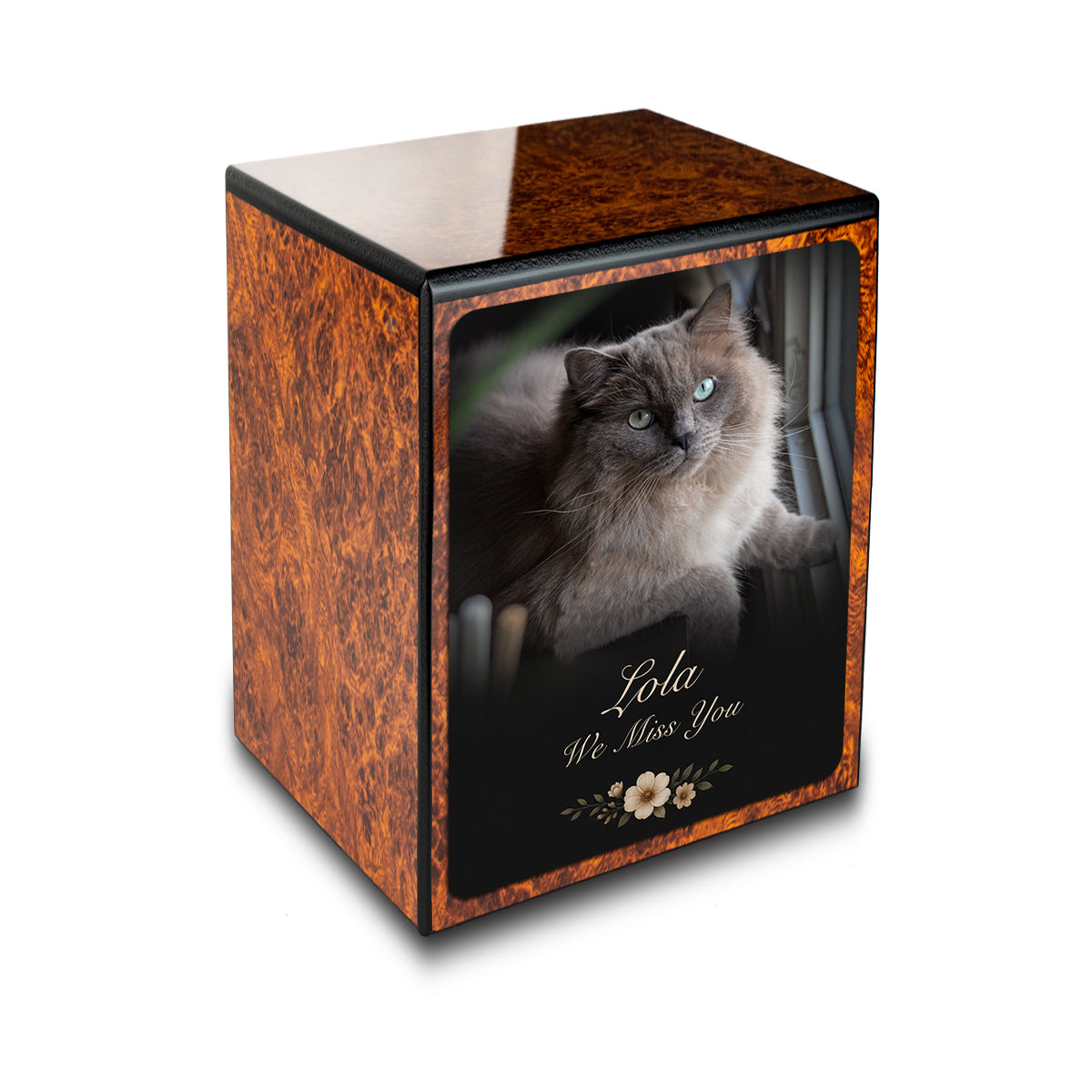 Custom Engraved Heritage Burl Pet Portrait Photo Small Cremation Urn Memorial Box for Ashes