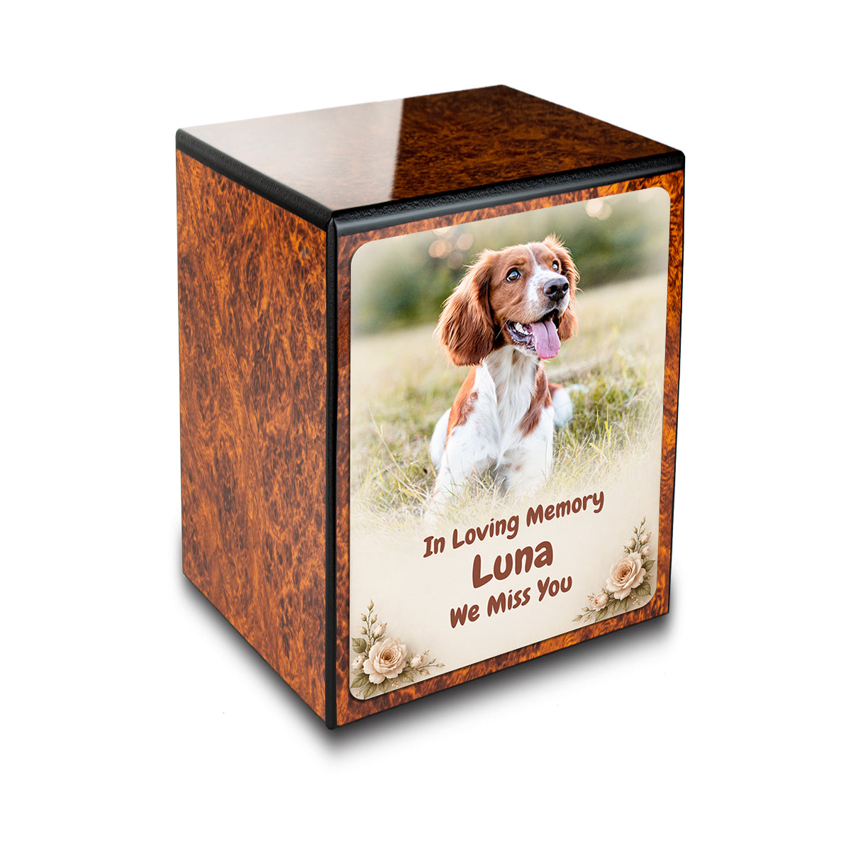 Custom Engraved Heritage Burl Pet Photo Small Cremation Urn Memorial Box for Ashes