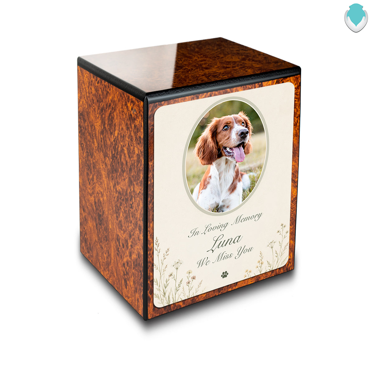 Custom Engraved Heritage Burl Pet Portrait Tribute Small Cremation Urn Memorial Box for Ashes