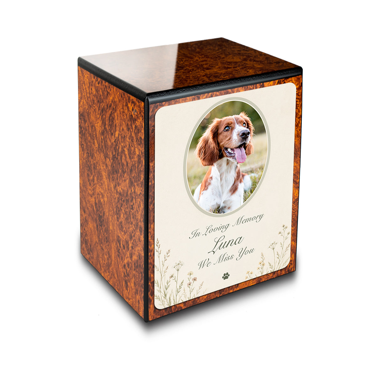 Custom Engraved Heritage Burl Pet Portrait Tribute Small Cremation Urn Memorial Box for Ashes