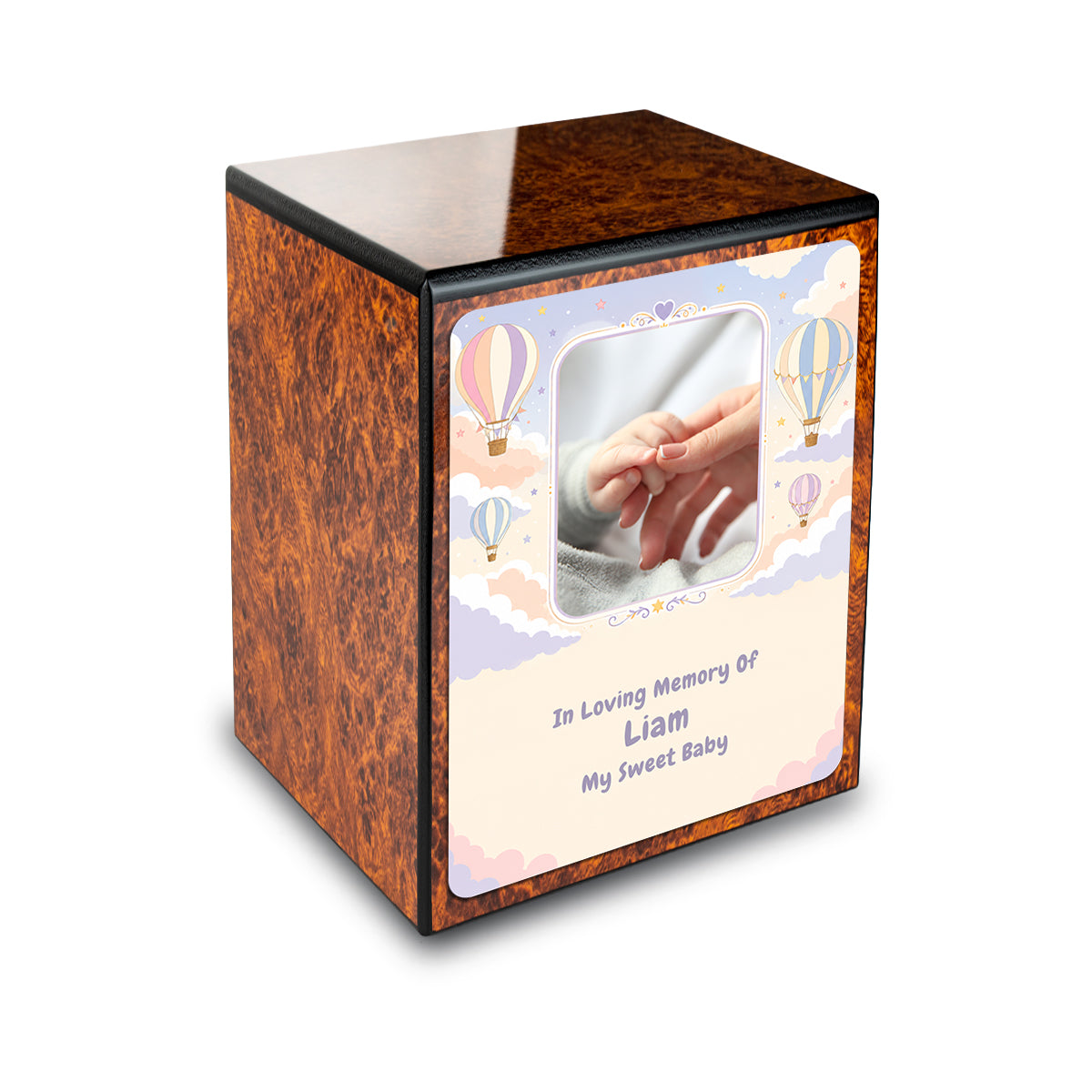Custom Engraved Heritage Burl Air Balloon Small Child Cremation Urn Memorial Box for Ashes