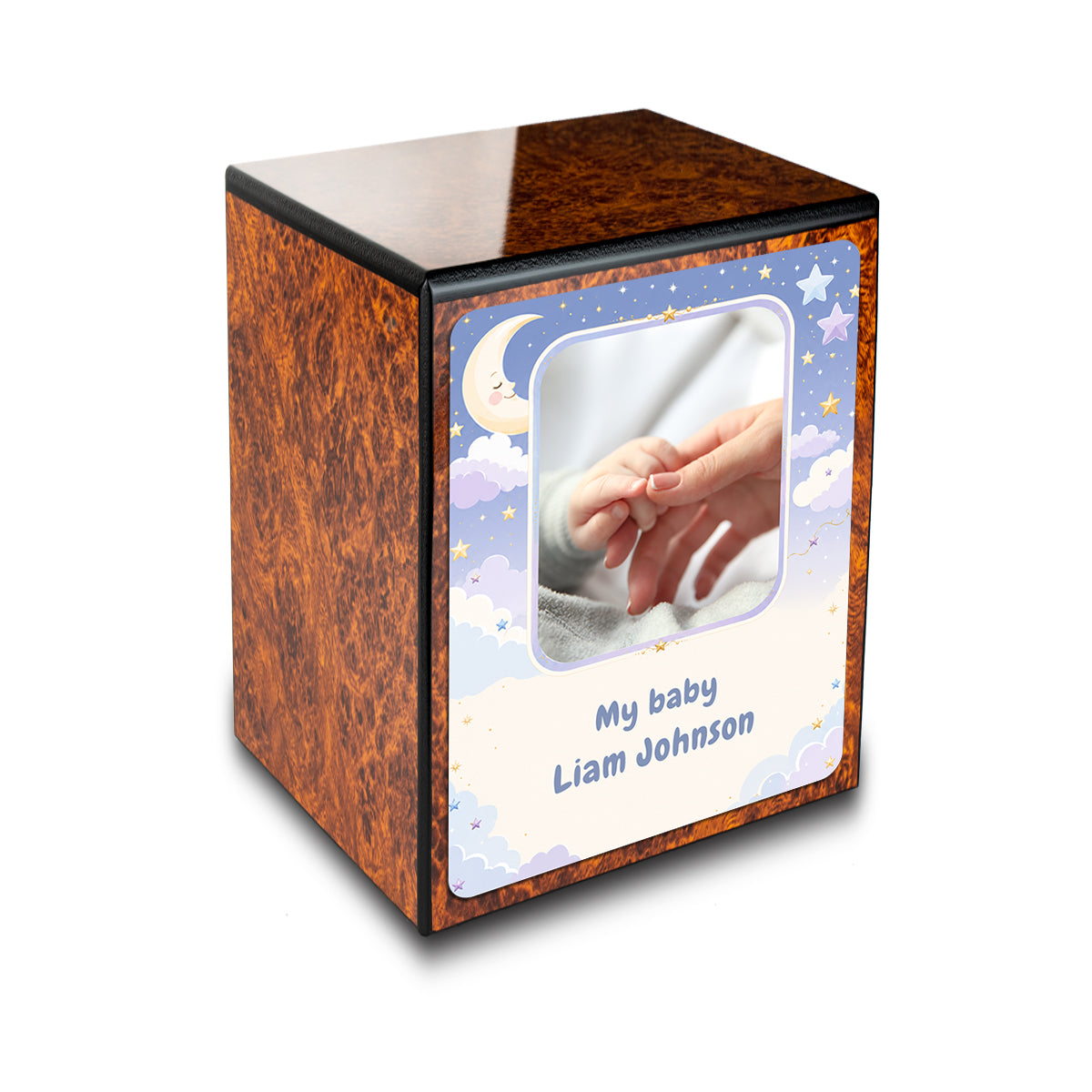 Custom Engraved Heritage Burl Star and Moon Small Child Cremation Urn Memorial Box for Ashes