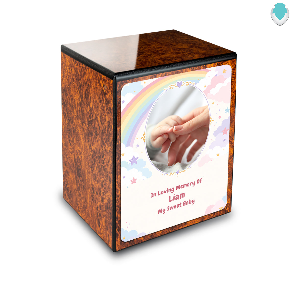 Custom Engraved Heritage Burl Rainbow and Clouds Small Child Cremation Urn Memorial Box for Ashes